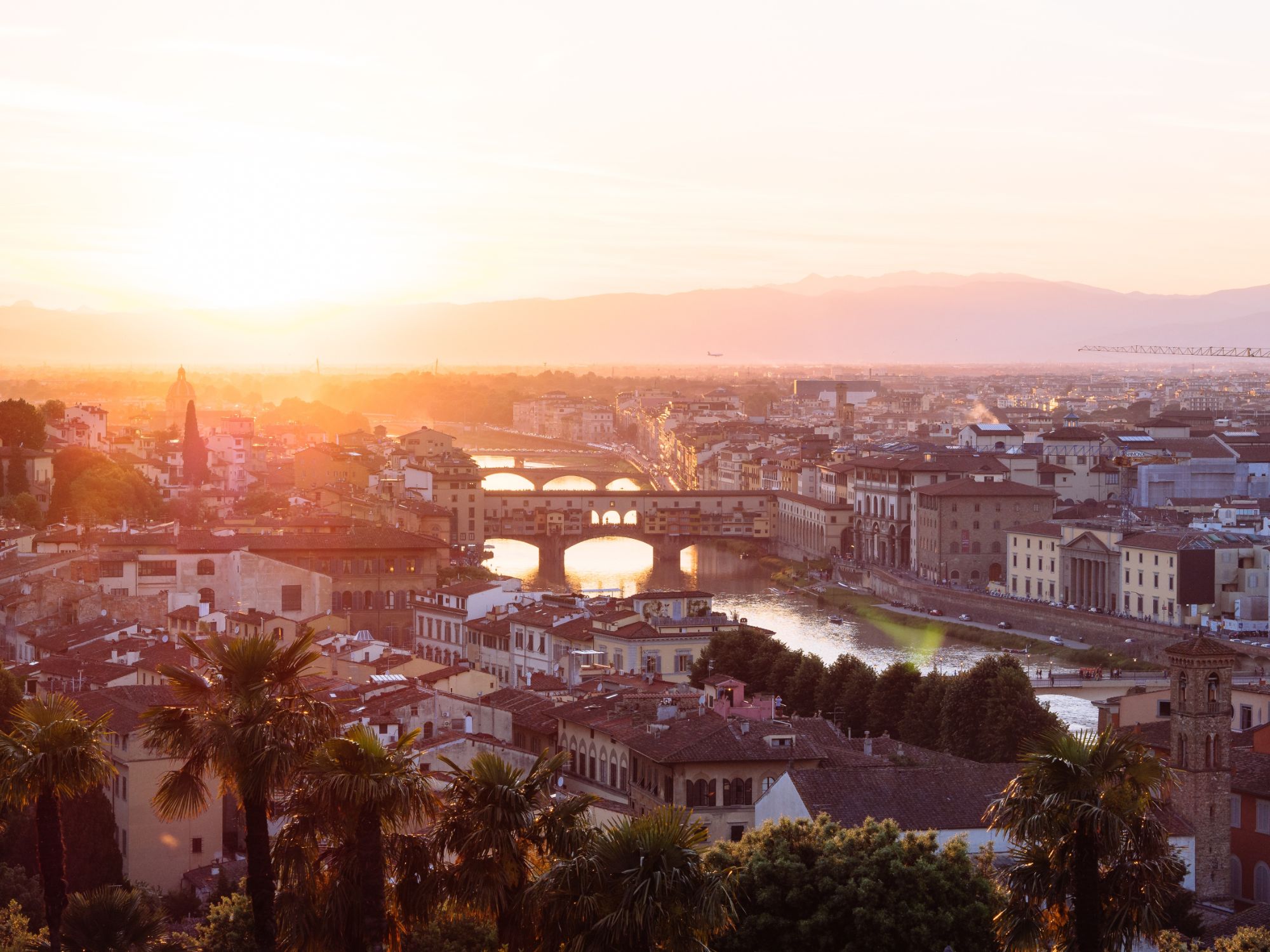 Sunset over the Arno and Ponte Vecchio in Florence